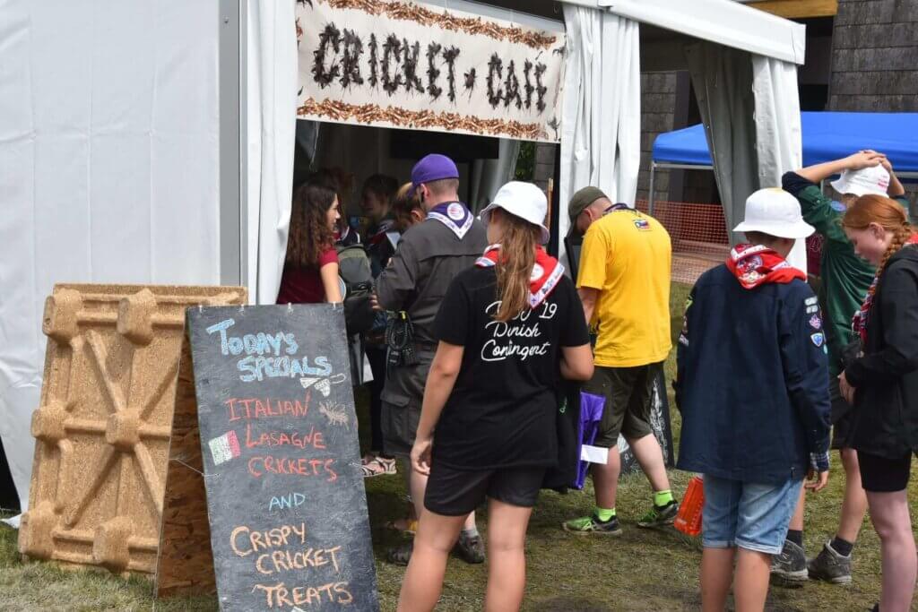 Scouts at the Boy Scout Jamboree waiting in line for food at the Cricket Cafe