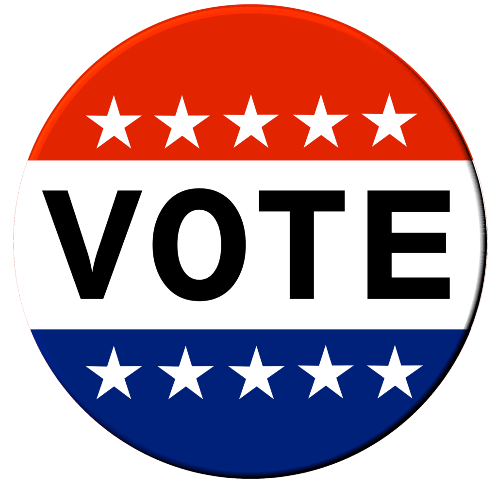 A red, white, and blue vote button is pictured